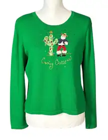 Vintage Berek Christmas Sweater Size Large Green Santa Cowboy Cactus Beaded
