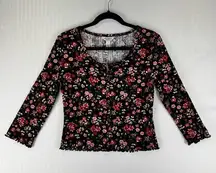 Arizona Jean Co. Black Floral Print Button Down Blouse Size Medium Ruffle Hem