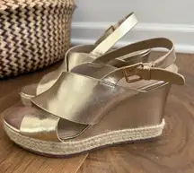 H by Halston Gold Leather Stella Slingback Wedge Sandal 7