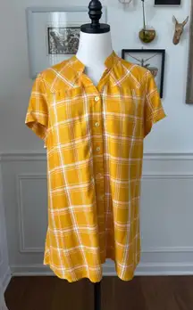Joan Rivers Yellow White Plaid Band Collar Short Sleeve Button Up M