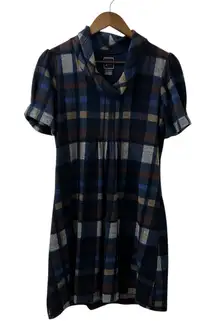 Jessica Howard JH Cowl Neck Sweater Dress Size S Brown Blue Plaid Fit & Flare