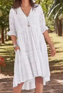 Sundance Jasmine White Eyelet Dress‎ XS Tiered Ruffle Peasant Boho Cottagecore