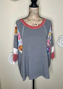 NTM: Easel Oversized Black & White Striped Mixed Media Hi-Low Boho Top Sz M