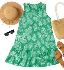 Maia Palm Leaf Print Ruffle Neck Sleeveless Dress Sz 18 Lined Cotton in EUC