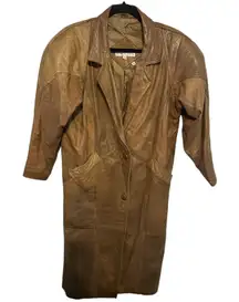 Women's Leather Trench Coat Laurice Vintage 80-90s Brown Pads Size Small Korea