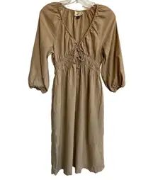 Universal Thread Wmn's Summer Linen Tie-Front Puff 3/4 Sleeve Midi Dress Tan -XS