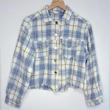 Altar’d State Cropped Plaid Blue Cream Flannel Women's Jacket Size XS