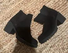 BLACK SUEDE CHUNKY HEEL BOOTIES