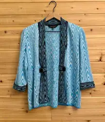 Ming Wang Size Small Petite Blue & Black Abstract Zebra Open Front Cardigan