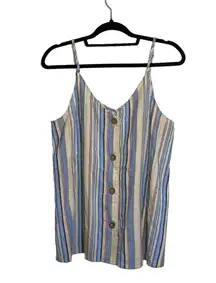 Cream & Blue Striped Button Front V-neck Tank Top