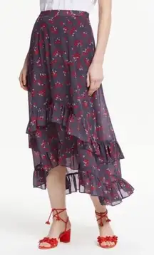 Boden Coraline Navy‎ Floral High-Low Ruffle Midi Skirt Size 4 Boho Romantic