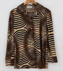 Vtg 90s Zebra Tiger Stripe Sequin Top Animal Print Party Going Out Button Size M