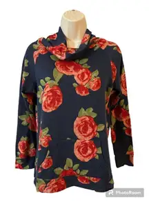 Runway Ready Couture Cowl Neck Long Sleeve Knit Floral- Small