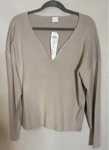 Silk & Salt Womens Medium Tan V Neck Long Sleeve Sweater Capsule Minimalist NEW
