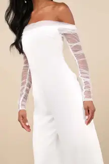Lulus NWT Eternal Bliss White Tulle Off-the-Shoulder Wide-Leg Sleek Jumpsuit XS