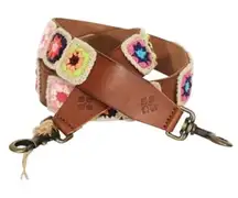 Patricia Nash Bella Vista Brown Leather Shoulder Strap Colorful Granny Squares