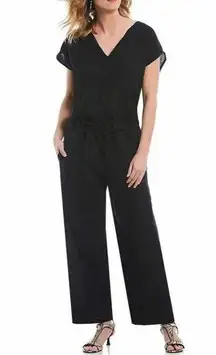 Bryn Walker 100% LINEN JUMPSUIT Size Large Cinched Waist Short Sleeve Black