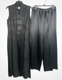 R&M Richards Black Satin Sleeveless Cheongsam & Wide Leg Pants Size 14