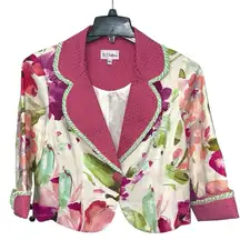 3 Sisters Floral Cropped Jacket S Colorful Pink Green Poet Collar 100% Linen‎