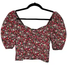 DO+BE Tiny Floral Puffy Short Sleeve Sweetheart Smocked Cropped Top