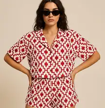 Versatile Red and White Geometric Print Shorts & Button Down 2-Piece Set
