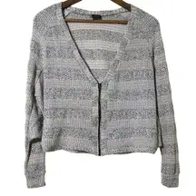 Sparkle & Fade V-Neck Striped Cardigan Zippered Sweater Grey and White XS