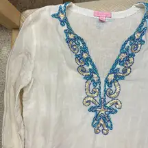 LILLY PULITZER Small White/Gold/Blue Amelia island tunic top