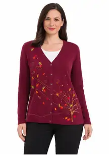 Women's Christopher & Banks Burgundy Cardigan with Fall Leaves, Size L