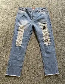 POL Distressed Frayed Hem Boyfriend High Rise Cropped Jeans Peekaboo Fishnet L