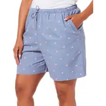 Coral Bay Womens Shorts Sz S Blue Twill Pink Flamingos Drawstring‎ Elastic Waist