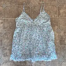 Flowy Light Blue Floral Tank Top Raw Edge Frayed