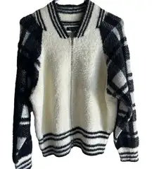 77 Sisters Tartan Plaid Black & Cream‎ Fuzzy Bomber Sweater Jacket Zip Up  Small