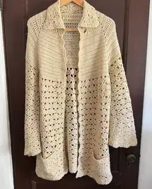 Vintage Hand Knit Collared Open Front Open Bell Sleeve Cardigan | Large