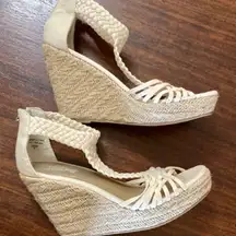 Ivory braided  t-strap wedges- Brash