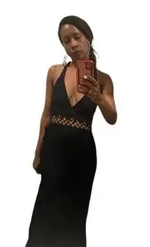 Reformation  black maxi halter dress with crochet straps and empire waist line