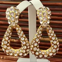 Door Knocker Rhinestone encrusted Clip on Earrings Gold Tone