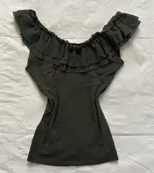 Y2K Petite Pois dark green stretch mesh off the shoulder top ruffles boho fairy