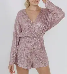 ENDLESS ROSE by Anthropologie Long Sleeve Wrap Sequin Romper in Pink