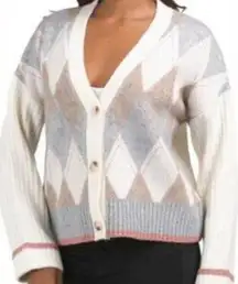 Rachel Zoe | White and Gray Argyle Cardigan Sweater Chunky Knit Size XS
