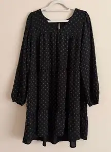 ODDI Black Long Sleeve Tiered Dress Women’s L Textured Dot Boho Midi