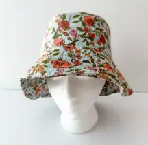 Maaji  Light Blue Orange Floral Cotton Bucket Hat Reversible Cottagecore