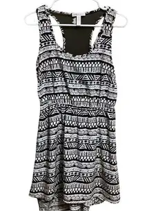 AMBIANCE APPAREL Black & White Mesh Back Drop Waist Tribal Print Dress Size M