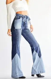 Revice Colorblock Patchwork Tie Waist High Rise Flare Jeans 28"