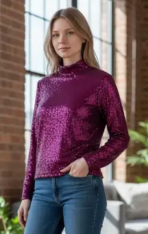 NWT Express  Body Contour Sequin Mock Neck Long Sleeve Tee/Top Turtleneck