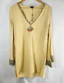 Inca Linen V Neck Long Sleeve Tunic Swim Coverup Dress Size Medium Brown