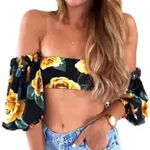 Onia x WeWoreWhat Ravello Floral Puffy Off-The-Shoulder Crop Top Black Yellow XS