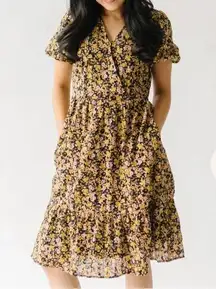 Exclusive Piper and scoot Womens XS black and yellow floral midi wrap dress