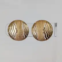 Vintage Trifari Clip On Earrings Gold Tone Circle with Wavy & Line Design Large