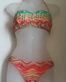O'Neill New Multicolor Chevron Print Halter Top with Cheeky Bikini Bottom Set A5