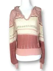 Vintage Knit Embroidered Hoodie Sweater Oatmeal Pink Floral Cropped Crochet
